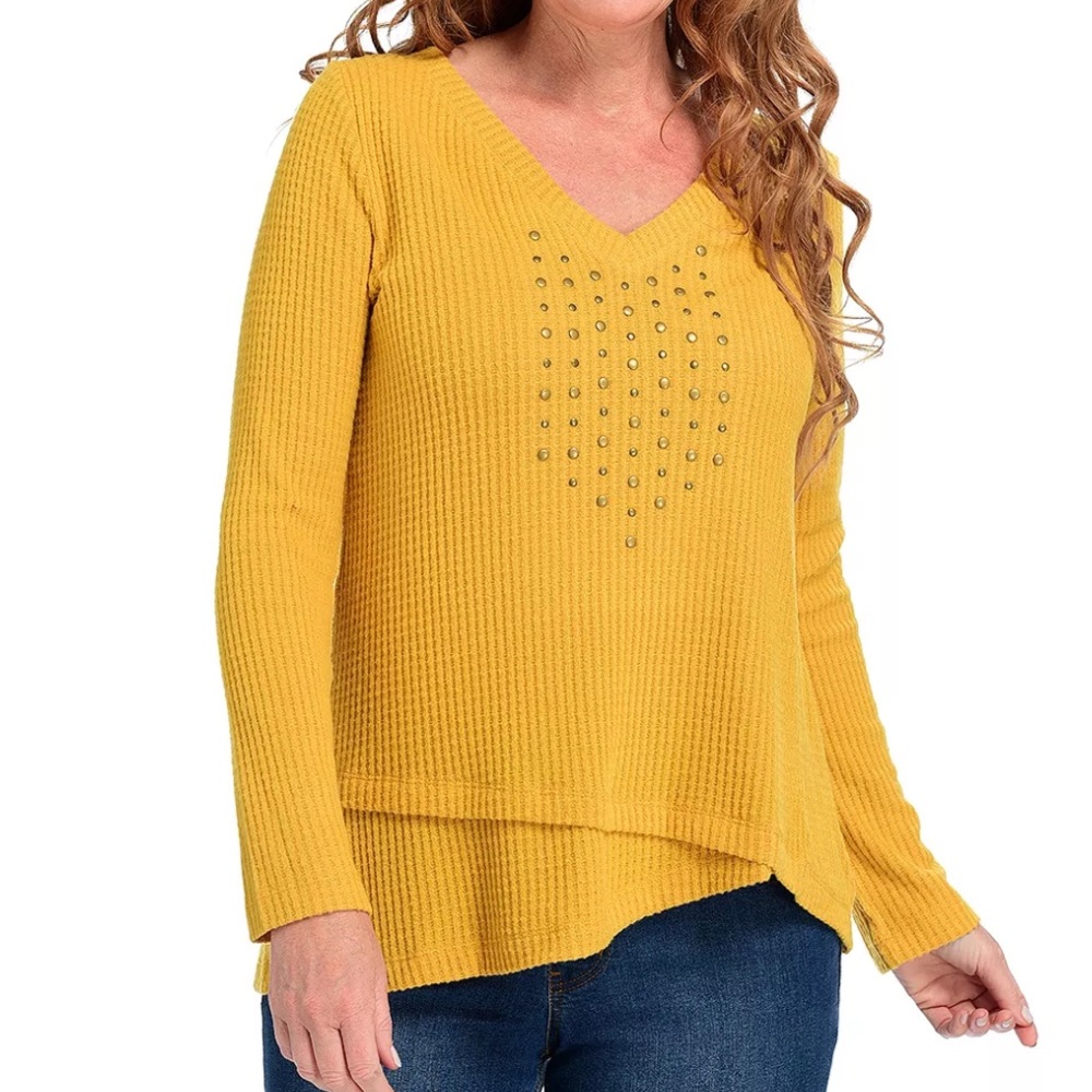 Women’s‎ One World Mustard Embellished Thermal Knit Long Sleeve